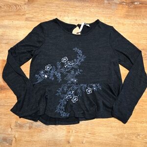 LC Lauren Conrad Charcoal Floral Embroidered Blouse